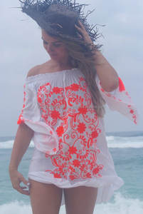 ยิปซี Boho Hippie Floral ปักแยกแขนสั้นชุดนีออนสีส้ม Stylish Look Off ไหล่หลวม Beachwear เสื้อ - Product Image 2