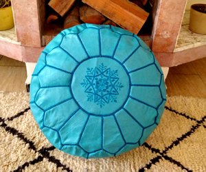 Puf Marroquí Turquesa de Alta Calidad |   Puf de Cuero Hecho a Mano |   Otomana de Cuero |   100 % Hecho a Mano | - Product Image 1