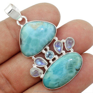 Bijoux uniques en argent sterling 925 Larimar naturel et pierre de lune arc-en-ciel avec pendentif pour fournisseur en gros ODM - Product Image 1