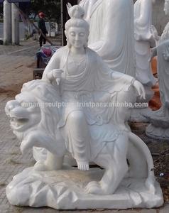 พระพุทธรูปหินอ่อนธรรมชาติเวียดนาม พระโพธิสัตว์กวนอิมนั่งบนสิงโต รูปปั้นพระพุทธรูปหิน ตกแต่งสวน - Product Image 2