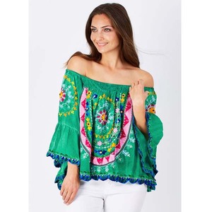 Chemisier Bohème Tissé Brodé à Imprimé Floral Vert, Manches Lanterne Digitales, Coupe Ample, Haut d'Été Décontracté pour Femme - Product Image 1