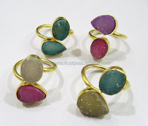 Super Fine Quality Multi-Color Agate Sugru Druzy Handmade Brass Alloy Plated Cocktail <b>Ring</b> for Weddings Anniversaries Children's - Product Image 4