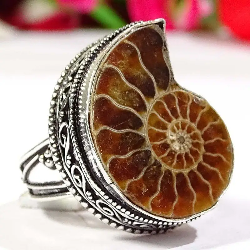 Doğal AMMONITE taş el yapımı ucuz VINTAGE yüzük S-9