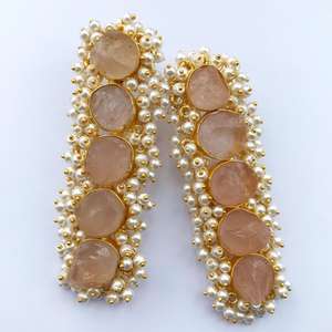 Hermosos Pendientes Vintage para Mujer con 5 Cuentas Redondas de Cuarzo Rosa y Perlas, Hechos a Mano, Pequeños, de Aleación, Sin Níquel, Joyería para Fiesta - Product Image 1