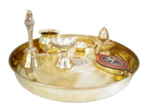 Fabricant indien, ensemble de thali pour pooja Karwa Chauth, temple spirituel, religieux, 7 pièces en laiton pour pooja thali - Product Image 3