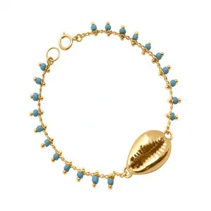 Women's summer Beach holiday Boho Jewelry handmade blue beaded Bracelet Cowrie Shell in Gold Plated