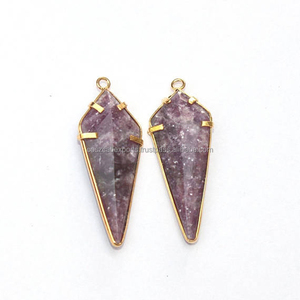 925เงินสเตอร์ลิงเครื่องประดับจี้หินหัวลูกศร lepidolite ขอบเรียบชุบทองไข่มุกเพชรทางศาสนา - Product Image 1