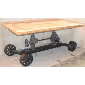 Industrial Antique American Train Wheel Crank Hand Lifting Adjustable Cafe Restaurant Bar Pub Club Banquet Dining Table