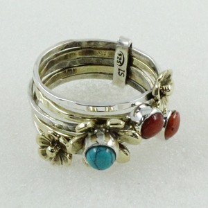 Pretty Coral & <b>Turquoise</b> Gem Stone 925 Sterling Silver Handmade Stackable <b>Ring</b> Jewelry - Product Image 1