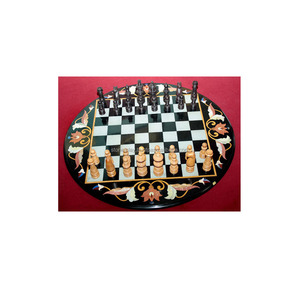 <b>Chess</b> Board Designed Black Marble Round <b>Table</b> Top - Product Image 1
