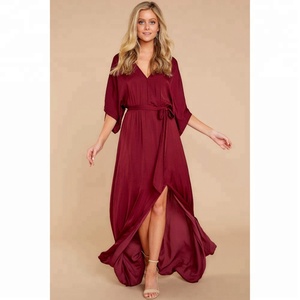 ชุดเดรสยาวสำหรับผู้หญิงชุดเดรสยาวผ่าข้างสีแดงเสื้อผ้ามีสไตล์ - Product Image 1