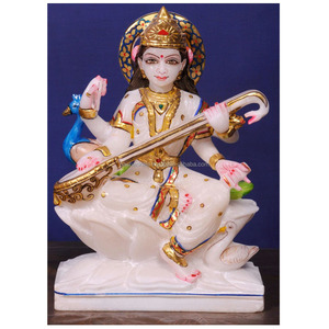 Statue de Saraswati Mata en marbre blanc fait main, colorée, assise sur un lotus avec une veena, pour la décoration de la maison et de l'école - Product Image 1