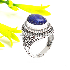 Bague en pierre précieuse Lapis Lazuli ovale Bague en argent sterling 925 avec lunette plaquée argent Bague à la mode pour femmes filles. - Product Image 1