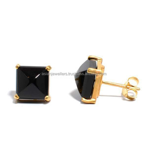 925 Sterling Silver <b>Black</b> Onyx Gemstone Stud <b>Earrings</b> Vermeil <b>Gold</b> Wedding Engagement Party Jewelry for Gifts - Product Image 1