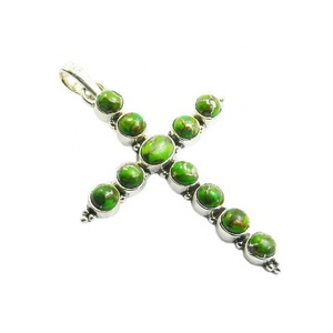 Mejor calidad 925 plata esterlina cobre turquesa piedra preciosa Cruz colgante collar Vintage cristiano joyería fina colgantes encantos - Product Image 1