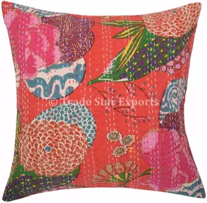 热带花卉刺绣Kantha靠垫套家居装饰棉质枕套覆盖