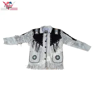 High Quality PU Leather Custom Design Western Suede Leather Jacket with Beads, Fringes and Bones, Xs-4xl