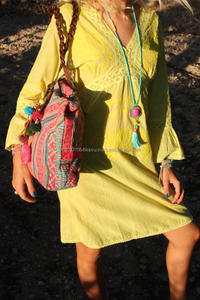 Superbe été nuances rêveuses Hippie manches Sexy col en V plage Boho robe incroyable citron couleur évider dentelle coton Tunica - Product Image 2