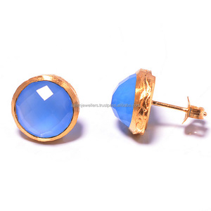 Plata de Ley 925 Calcedonia azul Piedra preciosa Vermeil Hermosos pendientes de gota - Product Image 1