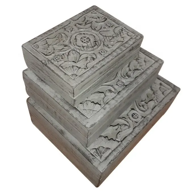 Rustic Wooden Carved Box Set of 3 Boxes For Decor & Jewellery Store | Decorative Wood Box Set For Multipurpose Use at Low Price