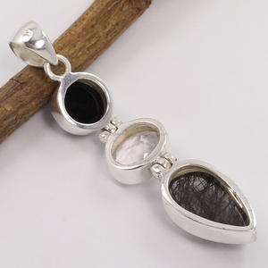 Multi Shaped Cute Bezel 925 Solid Sterling Silver Solitaire Pendant Natural TOURMALATED QUARTZ & AUTRES Pierres précieuses - Product Image 2