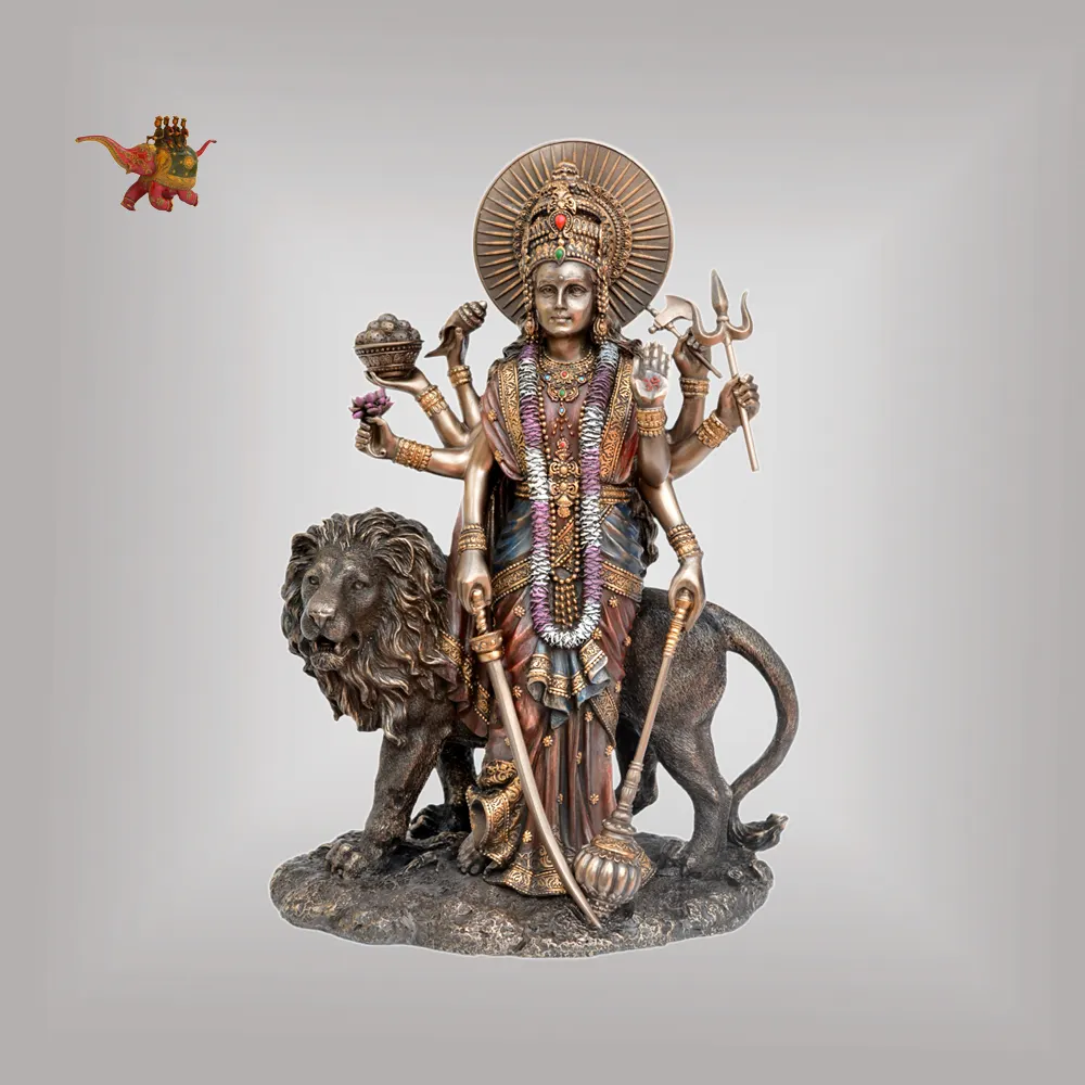 Durga à pied en cuivre, 11 ", finition dorée