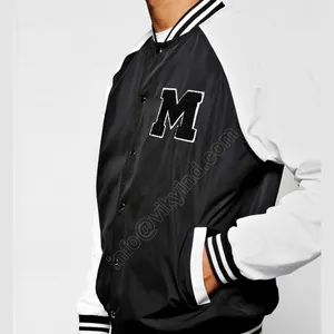 Veste bomber raglan noire sur mesure avec badge appliqué, veste universitaire, faible MOQ - Product Image 1