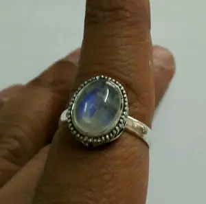Women's Classic Sterling Silver Ring with Natural Rainbow Moonstone and Diamond Inlay Featuring a Cut Pearl Setting Technology