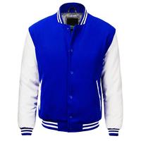 Blousons universitaires bleus en laine épaisse avec manches en cuir, design personnalisé, vente en gros, collection hiver 2025