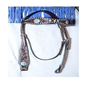 Vente directe d'usine de qualité supérieure en cuir véritable Western équestre Headstall Plastron ensemble pour équitation course prix de gros - Product Image 3