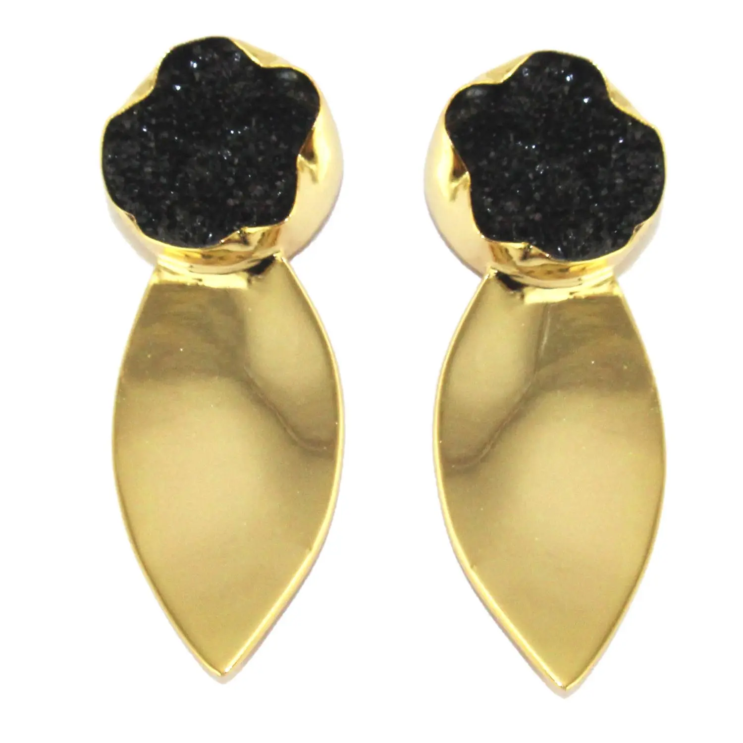 New arrival natural black druzy gemstone stud earring leaf designer brass 24K gold plating earring women statement stud earring