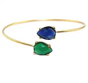 Gelang Bangle Berlapis Emas/Perak, Gelang Kuarsa Iolite Potongan Hijau Batu Ganda Yang Dapat Disesuaikan untuk Buatan Tangan