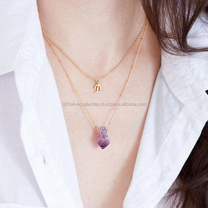 Fashion Amethyst Quartz Natural Stone Women Gold Plated Raw Stone Pendant Necklace - Product Image 2