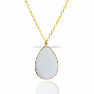 Natural White Chalcedony Gemstone Pear Shape Bezel Setting Pendant Chain <b>Necklace</b> For Women <b>Handmade</b> 925 Sterling <b>Silver</b> Jewelry - Product Image 3