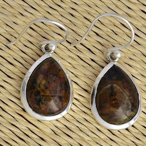 Pendientes colgantes de oreja de Plata de Ley 925 para mujer, forma de pera, Jaspe marrón, piedras preciosas, bisel Chapado en plata, ajuste, bodas, fiestas - Product Image 3