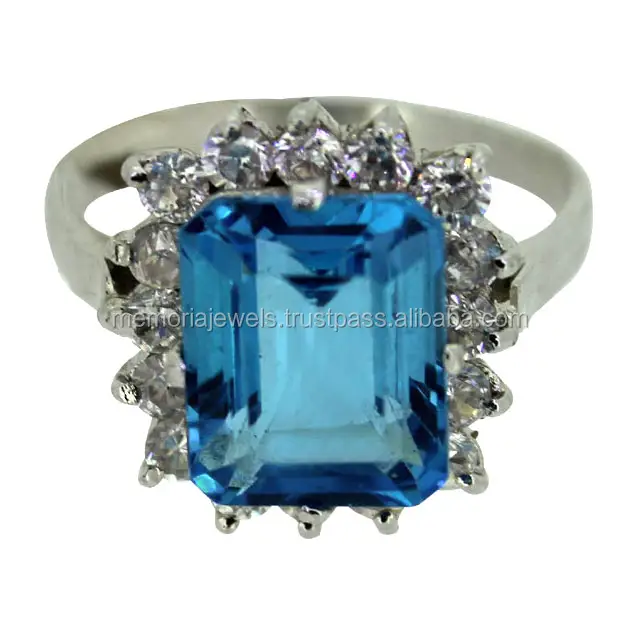 100% Natural Blue Topaz And Cubic Zirconia 925 Solid Sterling Silver Ring Luxury Jewelry For Wholesale