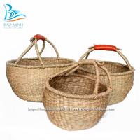 Panier de rangement Bolga en jonc de mer naturel, fait main, écologique, avec poignée, forme bol rustique, usage polyvalent, Hanoi