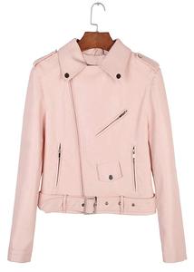 Chaqueta rosa de cuero para motorista para mujer, Rosa, rosa, piel de cordero real, suave, Rosa - Product Image 2