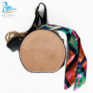 Natural Style round Pattern Rattan Handbag with PU Trims <b>Button</b> Closure Handled Tassel Bow Decoration Cotton Lining - Product Image 3