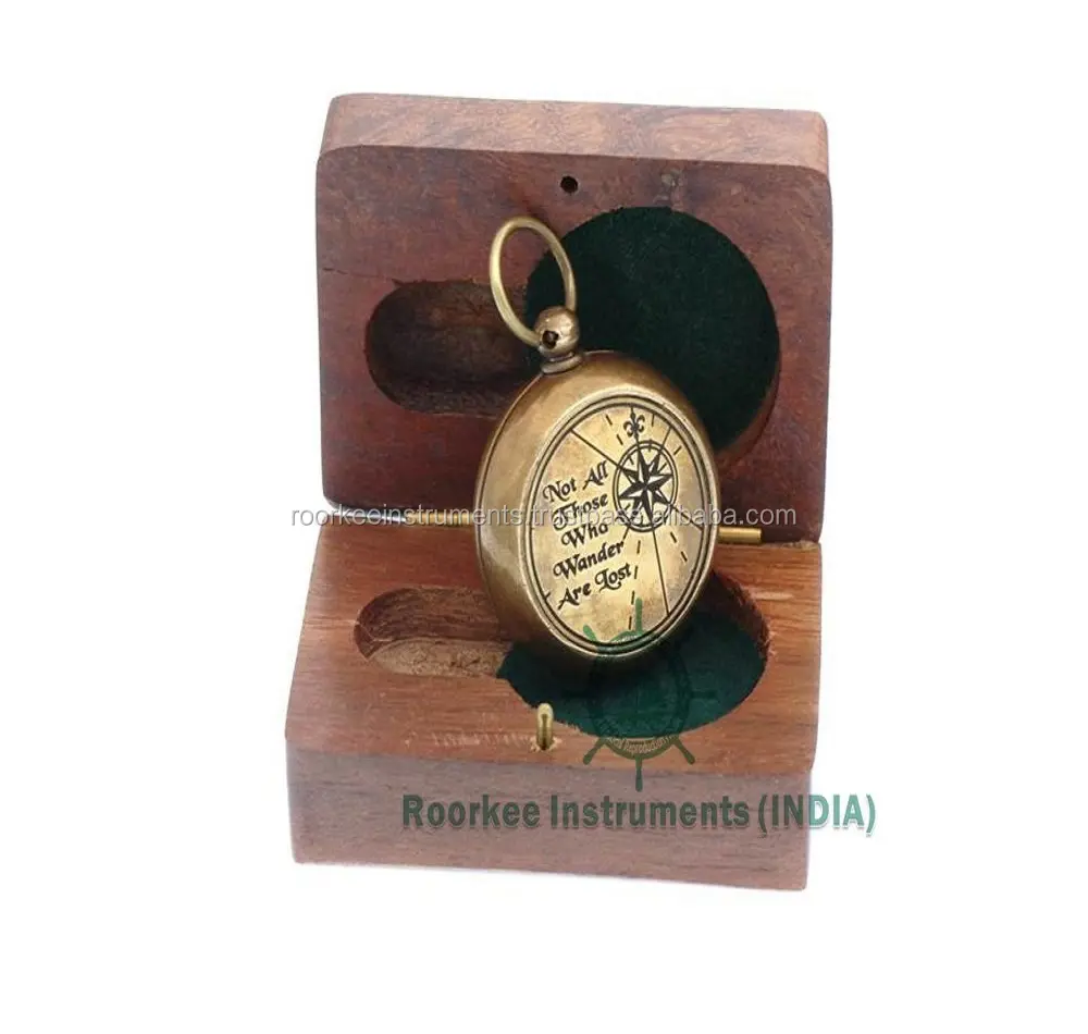 Brass Necklace Compass "Not All Those Who Wander Are Lost" with Wooden Box