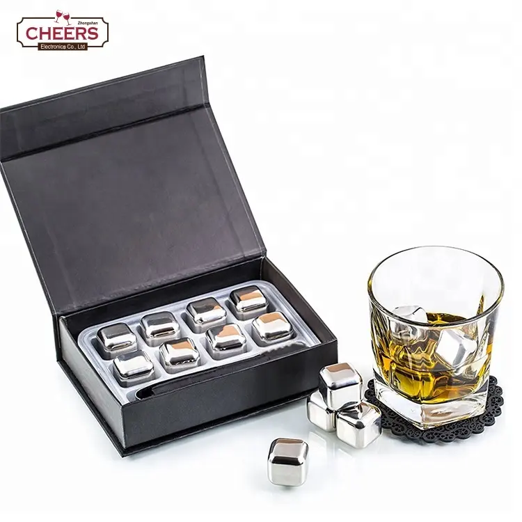 Cube Shape Reusable Stainless Steel Whiskey Stones Ice Cubes Chilling StonesとTongsとStorage Box、Packの8