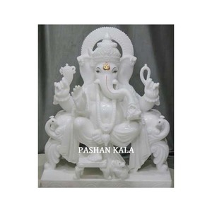 Statue de Ganesh en marbre multicolore, design artisanal, meilleure qualité, Makrana blanc, avec mains posées sur un lotus, position assise dans un temple - Product Image 1