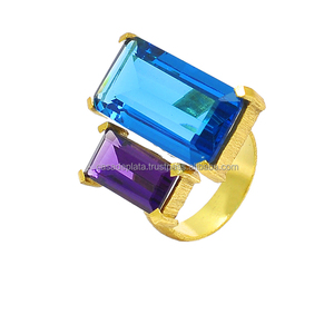 แหวนพลอยอเมทิสต์และควอตซ์สีน้ำเงิน925เงินสเตอร์ลิงพร้อมง่ามชุบทองแหวนแฟชั่นสำหรับเป็นของขวัญแต่งงาน - Product Image 4