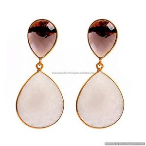 Smokey Topaz Quartz And Rainbow Moonstone Gemstone Earrings - Product Image 1