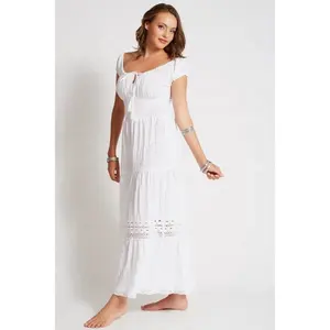 Customised Cotton Gauze Puckered Peasant Long Dress With Lace Smoking Waist Short Sleeves Ankle Length Long Party Wear Dress