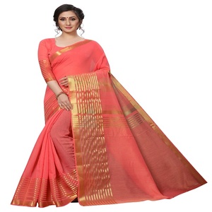 Vêtement de Saree (pêche) en soie de coton à la mode auto-conçu - Product Image 1