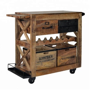 Carrito de Madera de Mango Rústico Moderno para Botellas de Vino, Mueble de Estilo Industrial con Ruedas para Sala de Estar - Product Image 1