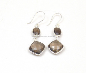 Smokey Quartz Gemstone With Silver Plated Handmade Fashionable <b>Gift</b> <b>for</b> <b>Her</b> Oval and Cushion Shape Hoop Earring - Product Image 1