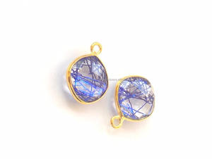 Beautiful <b>Blue</b> Rutile Gemstone Findings <b>Gold</b> Plated Jewelry Making <b>Cushion</b> Shape Faceted Handmade Bezel Connector - Product Image 2