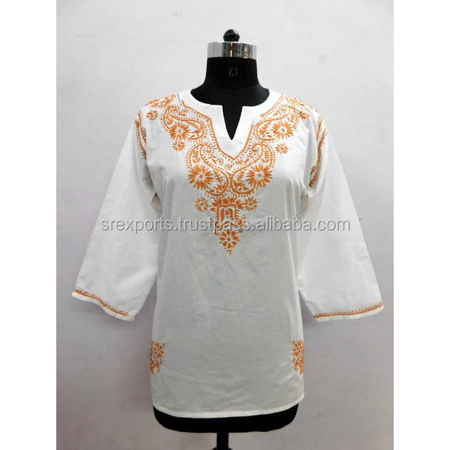 Chikankari Baumwoll Kurta Damen - Indische Handbestickte Tunika